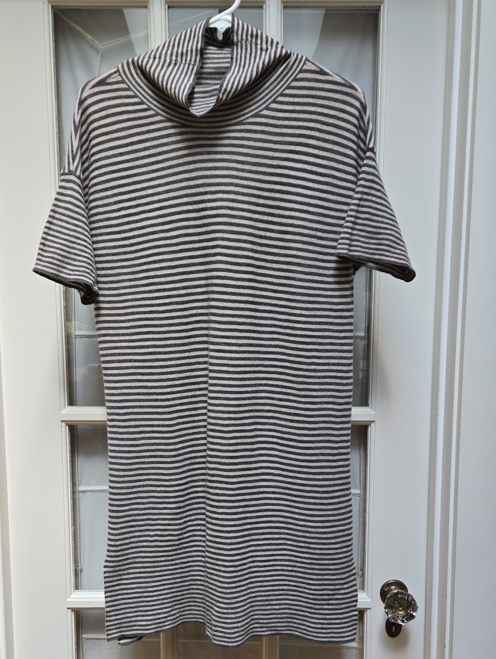 Eileen Fisher Beige and Charcoal Striped Short-Sleeve Wool Knit Turtleneck Dress